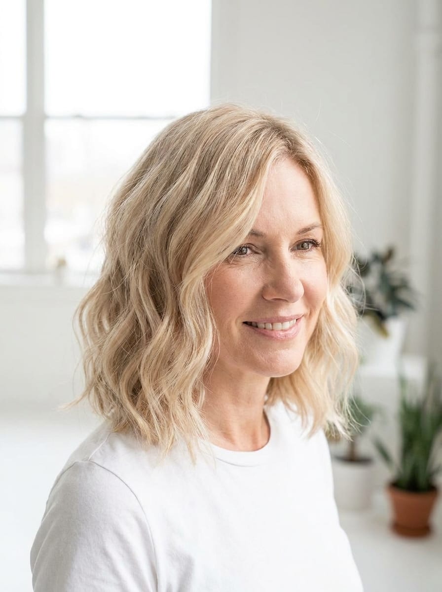 Wavy Lob in Champagnerblond - Mittellanger blonder Bob